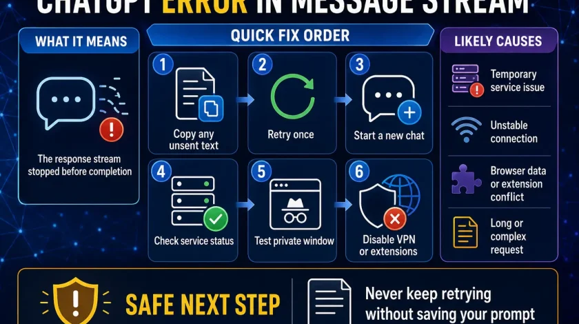 ChatGPT error in message stream infographic with causes and six troubleshooting steps