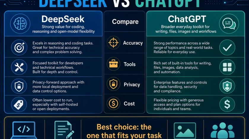 DeepSeek vs ChatGPT infographic comparing accuracy, tools, privacy, cost and best-use cases