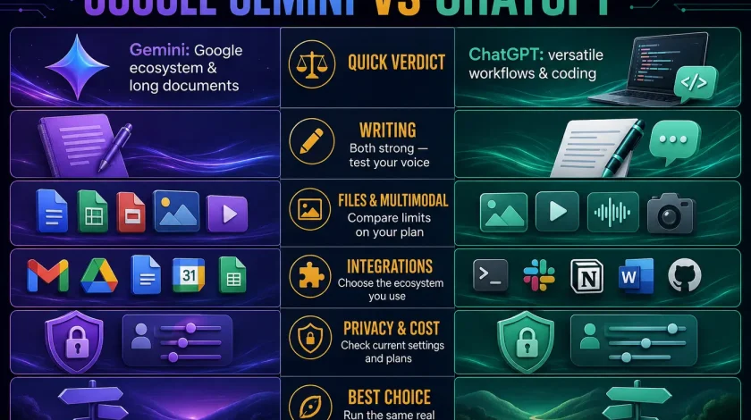 Google Gemini vs ChatGPT infographic comparing writing, files, integrations, privacy, cost and best uses