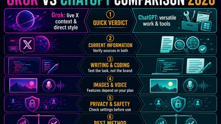 Grok vs ChatGPT comparison 2026 infographic covering live information, writing, coding, media, privacy and value