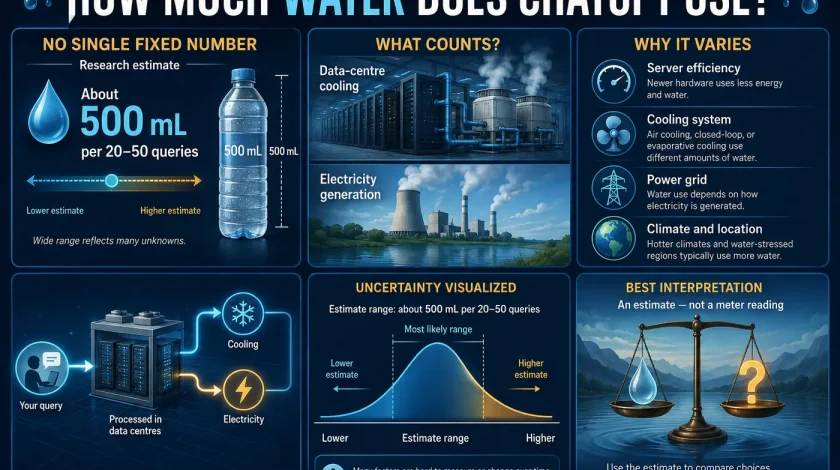 How much water does ChatGPT use infographic showing the 500 mL per 20 to 50 queries research estimate and key variables